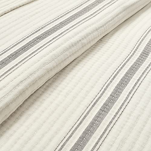 Lush Decor Farmhouse Stripe Kantha Pick Stitch Cotton Quilt/ Coverlet Single King, Gray - Striped Bedding King Quilt - King Blanket For Bed Lush Decor