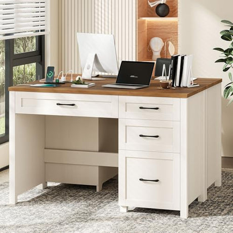 Vabches Farmhouse 47" Executive Desk, Computer Desk with File Drawer and Charging Station, Workstation for Home Office, Study,(Unique White). Vabches