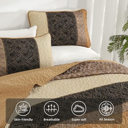 Cottolester Fall Quilt Set Queen Size 3 Pieces,Brown Striped Bedspread,Boho Plaid Bedding Set Soft Microfiber Quilt with 2 Pillow Shams 96"x90" Cottolester