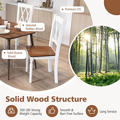 Giantex Dining Room Chairs Set of 2 White, Wooden Farmhouse Kitchen Chairs with Rubber Wood Seat, Acacia Wood Legs, Max Load 360 Lbs, Heavy Duty Wood Armless Dining Chairs with High Back Giantex