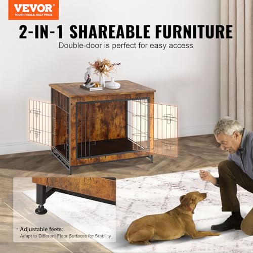 VEVOR Dog Crate Furniture, 32 inch Wooden Dog Crate with Double Doors, Heavy-Duty Dog Cage End Table with Multi-Purpose Removable Tray, Modern Dog Kennel Indoor for Dogs up to 45lb, Rustic Br - WoodArtSupply