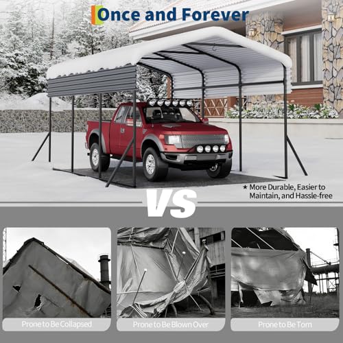 GarveeTech Metal Carport, 10x15 FT Outdoor Carport Canopy with Reinforced Base and Galvanized Steel Roof, Heavy Duty Garage Car Shelter Shade for SUV, Truck, Boats GarveeTech
