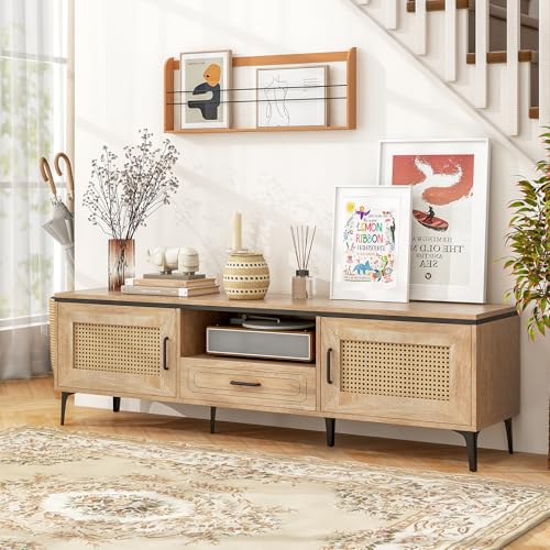 Tangkula Boho TV Stand for 65 Inch TVs, Mid Century Modern Media Entertainment Center with Drawer, 2 Cabinets with Rattan Doors, Metal Legs, Cable Hole, TV Console Table for Living Room (Oak) Tangkula