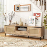 Tangkula Boho TV Stand for 65 Inch TVs, Mid Century Modern Media Entertainment Center with Drawer, 2 Cabinets with Rattan Doors, Metal Legs, Cable Hole, TV Console Table for Living Room (Oak) Tangkula