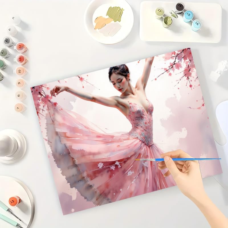 Cherry Blossom Ballerina Paint by Numbers Kit for Adults – DIY Elegant Dancer in Pink Dress Painting on Canvas 16x20In, Acrylic Paint Set for Beginners, Art for Home Decoration or Gifts DecorFriday