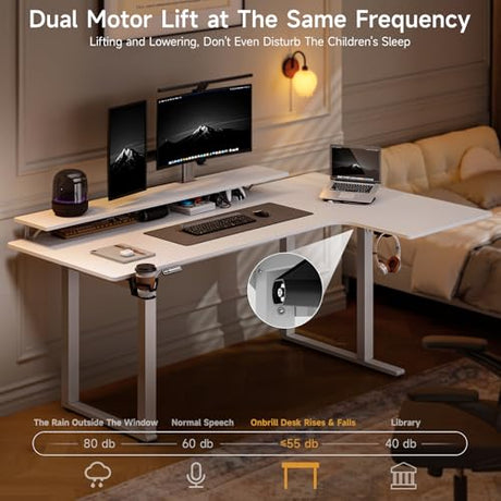 L Shaped Electric Standing Desk, 63x43'' Computer Desks with 2 Monitor Shelves, Dual Motor and Memory Controller, Gaming Corner Desk Adjustable Height from 28-46'' for Home Office Workstation, White ONBRILL