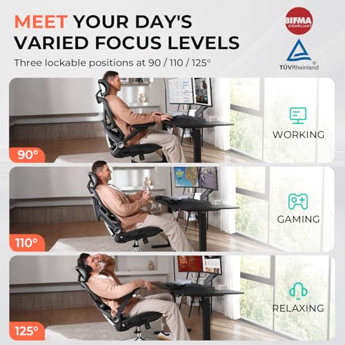CAPOT Ergonomic Mesh Office Chair, Adjustable Lumbar High Back Desk Chair 400lbs, 4D Flip-up Arms, 3 Tilt Backrest, 3D Headrest, PU Wheels, Swivel Rolling Computer Chair for Long Desk Work - Black CAPOT