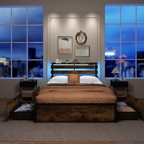 Giantex Full Bed Frame with LED Lights Headboard and 4 Storage Drawers, Metal Platform Bed with Outlets and USB Ports Charging Station, Easy Assembly, No Box Spring Needed, Smart LED Bed Frame Giantex