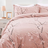 WONGS BEDDING Pink Floral Duvet Cover Set Twin,Reversible Flower Bedding Set with 1 Pillowcase, Pink Plum Flower Pattern Comforter Cover Set with Zipper Ties Soft Microfiber 68"x86"(Not Comforter) WONGS BEDDING