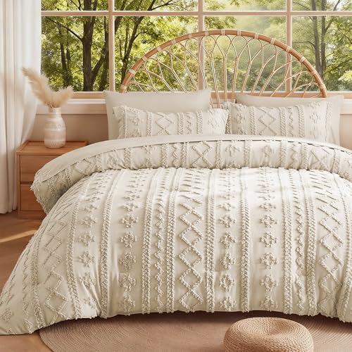 MR&HM Full Size Bed Sheets and Comforter Set Beige, 7 Pieces Tufted Boho Beddding Sets, Farmhouse Style Bed in a Bag with 1 Comforter, 2 Pillow Shams, 2 Pillowcases, 1 Flat Sheet, 1 Fitted Sheet MR&HM