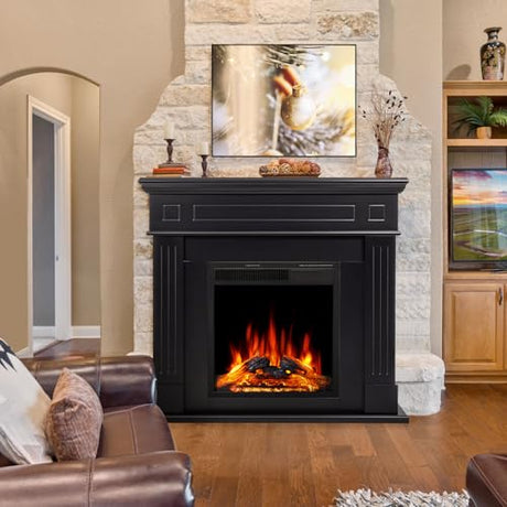 43” Electric Fireplace Mantel Freestanding Electric Fireplace, Remote Control, Adjustable Led Flame, 750W/1500W Black Electactic