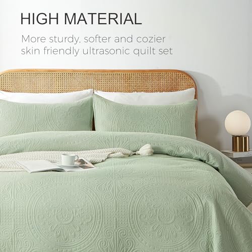WURUIBO Twin Quilt Set Sage Green,Ultrasonic Embossed Bedspread, Lightweight Microfiber Coverlet, Modern Thin Bedding Set for All Season, 2 Piece(1 Quilt,1 Pillow Shams) WURUIBO