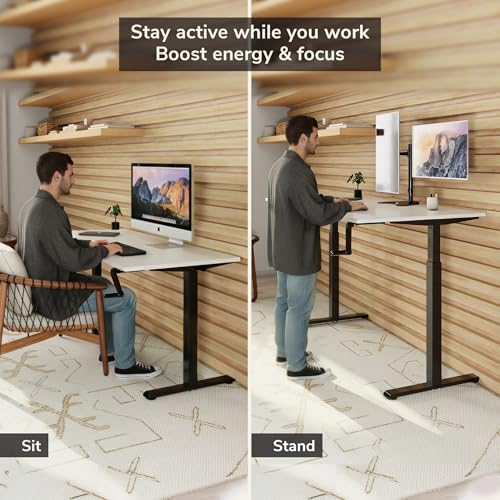 Mount-It! Hand Crank Standing Desk with 48" x 29" Tabletop | Manual Sit-Stand Desk, 29.7"–48.6" Height Range, One-Piece Seamless Desktop, 132 lb Capacity, Foldable Crank, Home Office, Black Frame Mount-It!