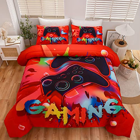 Aimuan Gaming Comforter Sets for Boys Kids Bedding Sets Video Games Console Action Buttons Novelty Colorful Game Gamepad Controller Modern Gamer Room Decor Home Quilt Set (Twin, Red) Aimuan