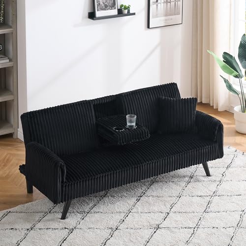 72" Modern Corduroy Sofa Bed Futon,Convertible Sleeper Couch Bed with Cup Holder,4 Reclining Positions,Folding Sofa Cloud Loveseat for Small Living Room Apartment Office (Black-New) Majnesvon