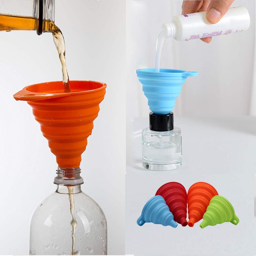 KongNai Kitchen Funnel Set 4 Pack, Small and Large, Kitchen Gadgets Accessories Foldable Silicone Collapsible Funnels for Filling Water Bottle Liquid Transfer Food Grade KongNai