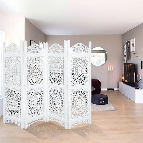 Lightnpro 4-Panel Wooden Room Divider 48 × 64 Inch Antique White Finish - Hand-Carved Oval Folding Privacy Screen, Pre-Assembled Decorative Partition for Living Room, Bedroom & Home Office Light & Pro