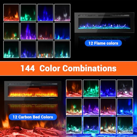Takywep Electric Fireplace, 60 Inches, 5120 BTU Heat Output, 12 Flame Color, Black, Wall-Mounted or Recessed, Timer, Quiet Operation, Multicolor Flame, Faux Logs, Crystal Stones Takywep