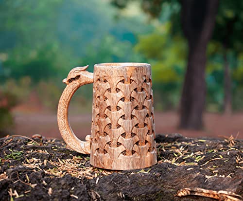 NORSE EMPIRE Premium Wooden Beer Mug 16Oz Chainmail Pattern 100% Handcrafted Beer Stein Wine accessories Viking Gifts Medieval Gift Sack Tankard Christmas Coffee Cups Vikings Mug Food Safe NORSE EMPIRE