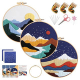 KEKEMEOW 3 Sets Embroidery Kit for Beginners, Stitches with Landscape of Mountains Patterns, DIY Cross Stitch Kits for Adults, Needlepoint Hand Embroidery Kit with Stamped Pattern、Instruction、Hoop