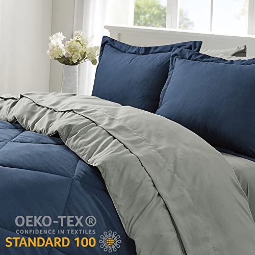 Furnishh 5 Pieces Comforter Set Twin Bed in a Bag, Reversible Bed Set with Comforter, Flat Sheet, Fitted Sheet, Pillowcase & Sham, Navy Blue and Grey Twin Size Bedding Sets for Boys, Girls Furnishh