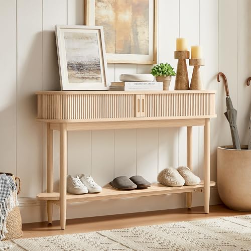LINSY Fluted Console Table with Storage, Entryway Table Wood Entrance Tables for Front Door, Behind Couch Sofa Table with Shelves, Foyer Tables for Hallways, Living Room Boho Furniture, Light Wood LINSY