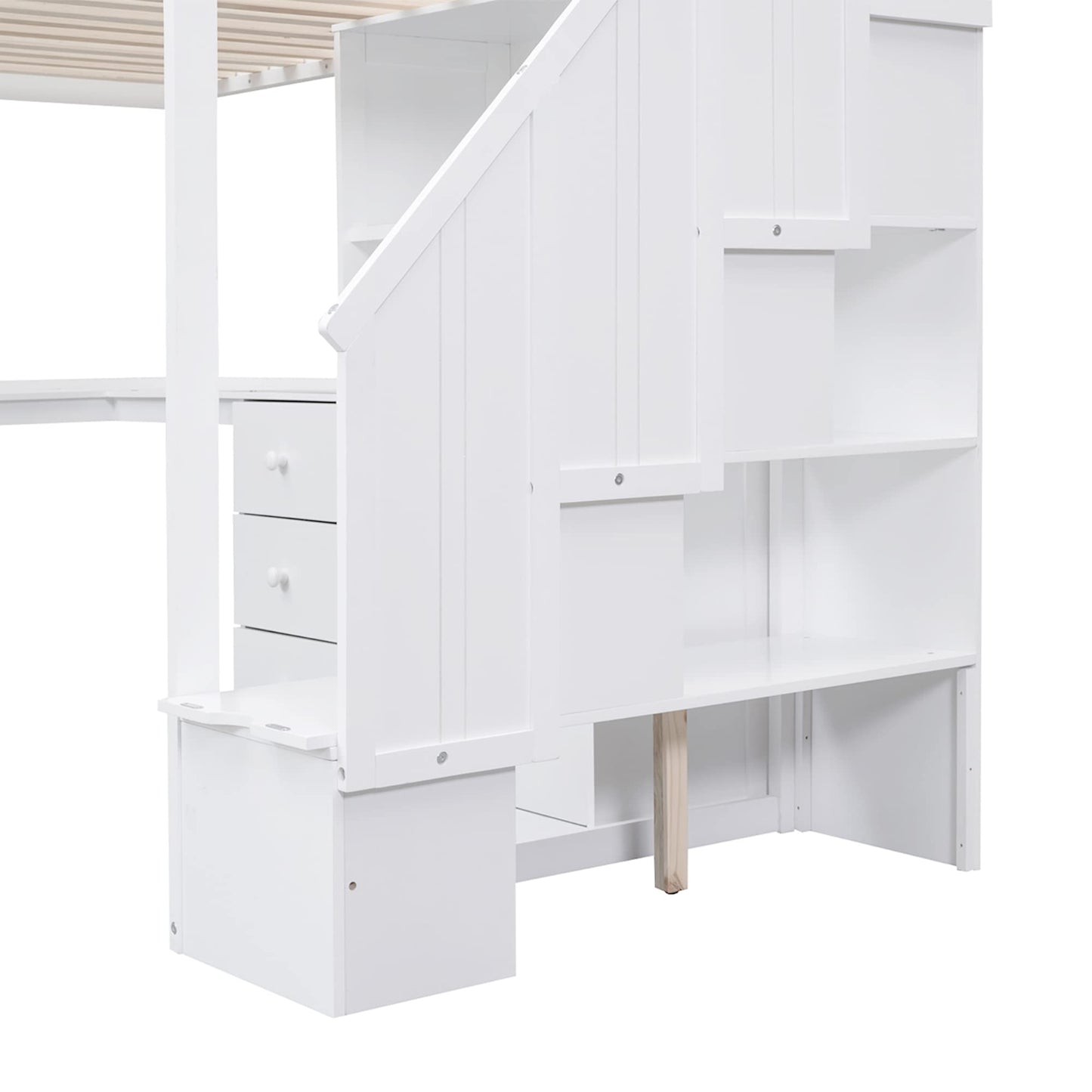 VilroCaz Twin Size Loft Bed with L-Shaped Desk, Storage Staircase, and Cabinet in White - WoodArtSupply