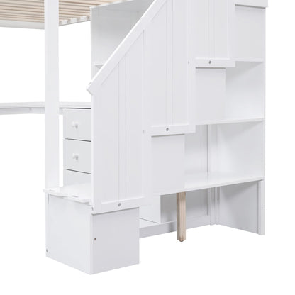 VilroCaz Twin Size Loft Bed with L-Shaped Desk, Storage Staircase, and Cabinet in White - WoodArtSupply