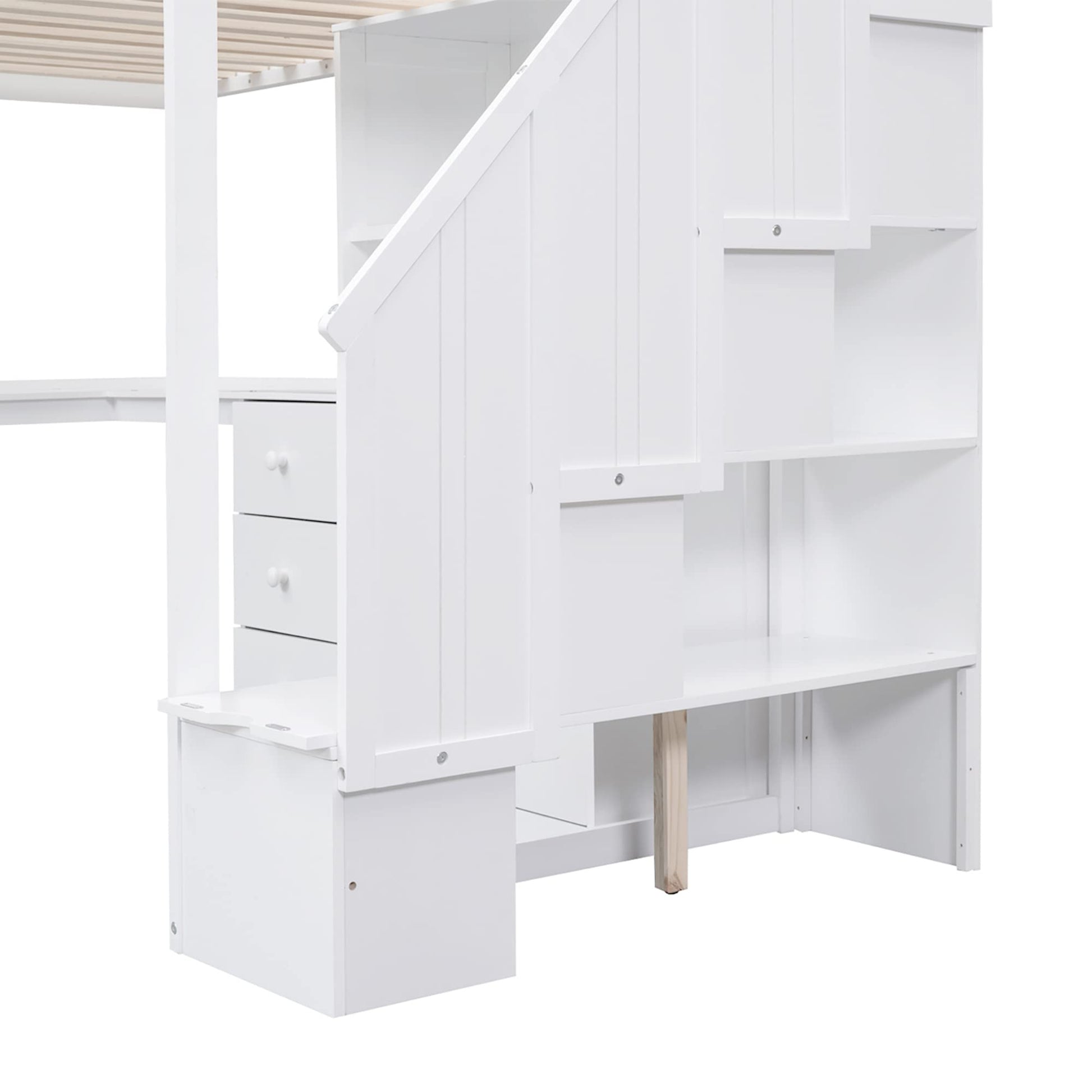 SOFTSEA Multifunctional Twin High Loft Bed with L-Shaped Desk, Bookshelves, and Staircase in Pure White - WoodArtSupply