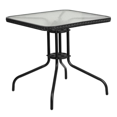 Flash Furniture Barker 28'' Square Tempered Glass Metal Table with Black Rattan Edging Flash Furniture