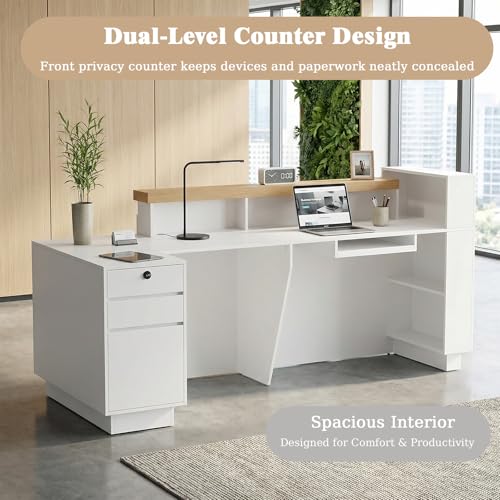 63" L-Shaped Reception Desk with LED Lights and Slatted Grille, Modern Front Desk with Built-in Outlets for Salon, Retail Store,Office,White Checkout Counter with Dimmable Switch,Reception Counter Laxodor