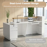 63" L-Shaped Reception Desk with LED Lights and Slatted Grille, Modern Front Desk with Built-in Outlets for Salon, Retail Store,Office,White Checkout Counter with Dimmable Switch,Reception Counter Laxodor
