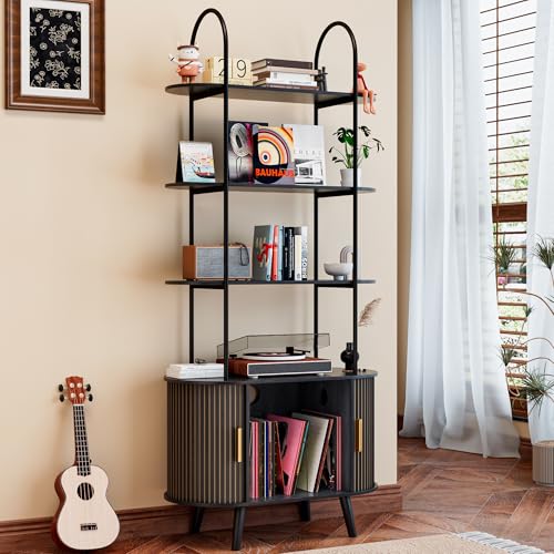 Tall Vinyl Record Player Stand, Black Small Record Storage Cabinet, 4 Tier Arched Bookshelf with Sliding Doors, Fluted Media Display Shelf, Mid Century Modern Turntable Stand for Living Room, Retro Woemtoric