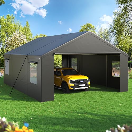 AirWire Carport, Heavy Duty Car Port 20x20 FT, Large Car Canopy with Roll-Up Windows & Side-Opening Door, Outdoor Portable Garage Reinforced Four-Hole Base for Car, Truck, Boat, Motorcycle AirWire