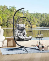 HWB Hanging Egg Chair with Stand, Patio Wicker Egg Swing Chair with Cushion for Bedroom Garden Indoor Outdoor (Grey) HWB