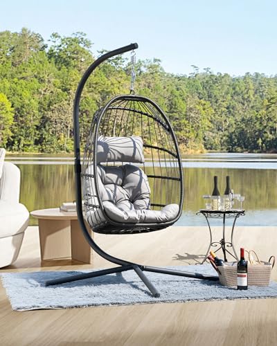 HWB Hanging Egg Chair with Stand, Patio Wicker Egg Swing Chair with Cushion for Bedroom Garden Indoor Outdoor (Grey) - WoodArtSupply