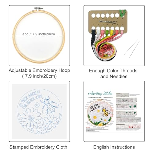 Louise Maelys Embroidery Kits for Beginners,Cross Stitch Kit for Adults,DIY Needlepoint with Bee Daisy Flowers Pattern