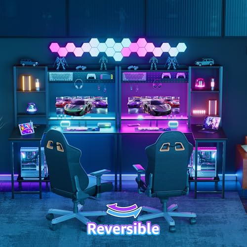 MEUIS L Shaped Gaming Desk with Shelves - 48 inch Corner Computer Desks with Storage Hutch Shelf Reversible Pegboard Led Lights Power Outlets PC Monitor Stand for Bedroom, Black MEUIS