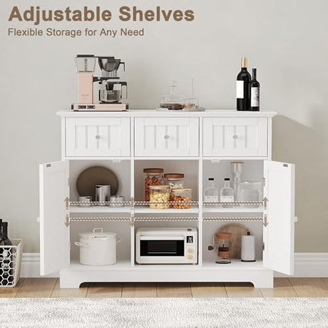 ChooChoo Buffet Cabinet, Coffee Bar with Drawers and Doors, Sideboard Storage with Shelves for Kitchen, Dining Room, Living Room, White ChooChoo