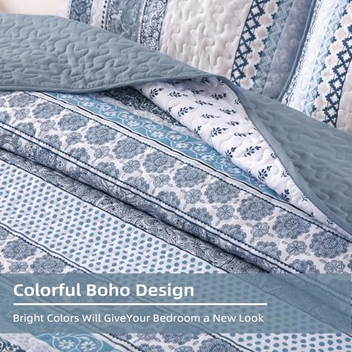 WONGS BEDDING Boho Quilt Set King Size, Blue Bohemian 3 Pieces Quilt Sets, Lightweight Bedspread Coverlet Bedding Set for All Season (104"x90") WONGS BEDDING