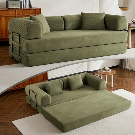 ZEIINPA Convertible Folding Couch Bed, Comfy Corduroy Sleeper Floor Sofa Bed with Fixed-Shape Frame, Floor Sofa with Armrest, Lounge Couch for Living Room Bedroom Lounge Studio, Green ZEIINPA