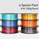 MIKA3D 6 Spools Bicolor Dual Color 1.75mm 3D Printer Filament Bundle, 3D Printing Silk PLA, Silk Black-Red/Purple-Green/Blue-Green/Red-Gold/Gold-Copper/Black-Orange, 3D Printing PLA 250g X 6 Spools