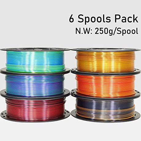 MIKA3D 6 Spools Bicolor Dual Color 1.75mm 3D Printer Filament Bundle, 3D Printing Silk PLA, Silk Black-Red/Purple-Green/Blue-Green/Red-Gold/Gold-Copper/Black-Orange, 3D Printing PLA 250g X 6 Spools MIKA3D