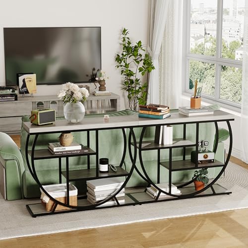 GAOMON 39 in Farmhouse Console Table for Entryway, 4 Tier Rustic Hallway Table with Storage & Semi-Circular Metal Frame, Narrow Foyer Furniture for Living Room, Apartment, Behind Sofa, Grey GAOMON