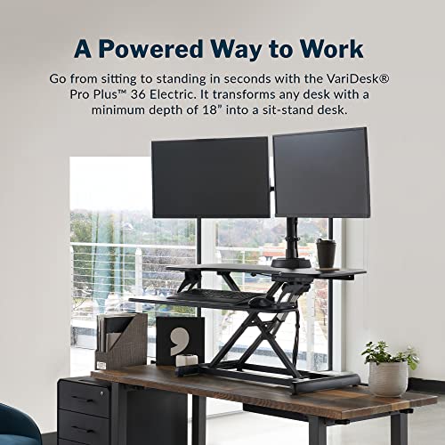 Vari Varidesk Pro Plus 36 Electric Standing Desk Converter – 11 Height Settings + Spring-Loader Lift, 2 Tier Design, Keyboard Tray – Fits Desktops 36” Wide x 26.5" Deep – Fully Assembled (Black) Vari
