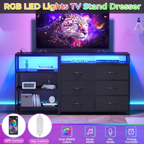 BTHFST TV Stand Dresser Bedroom for 60 Inch TV with LED Lights & Charging Station, Changable L Shape Corner TV Stand, 6 PU Drawers, 3 Open Shelves Entertainment Center (Black) BTHFST