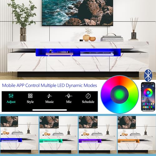 Uspeedy 70IN White TV Stand for 75/80 inch TV,Modern LED TV Stand for Living Room,High Gloss Entertainment Center with Storage Drawer,APP RGB Light,TV Console,Television Stands(Marbling) Uspeedy