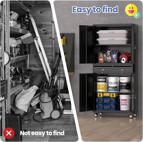 GarveeHome Garage Storage Cabinet, 73'' Metal Storage Cabinet with Wheels and Adjustable Shelves, Heavy Duty Storage Cabinet with Locking Doors and 2 Drawers for Office and Garage, Black GarveeHome