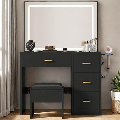 YITAHOME Vanity Desk with Large 35" Mirror and LED Lights, Makeup Vanity Set with 4 Drawers and a Power Strip, Vanity Chair, Dressing Table with Ample Storage, Bedroom Furniture for Women, Coal Black