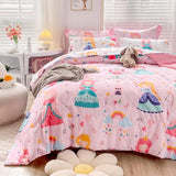 Wajade Kids Pink Princess Comforter Set Bed in A Bag Queen Size 7 Piece Princess Fairy Tales Castle Bedding Set for Girl (1 Comforter, 1 Flat Sheet, 1 Fitted Sheet, 2 Pillowcase and 2 Pillow Sham) Wajade